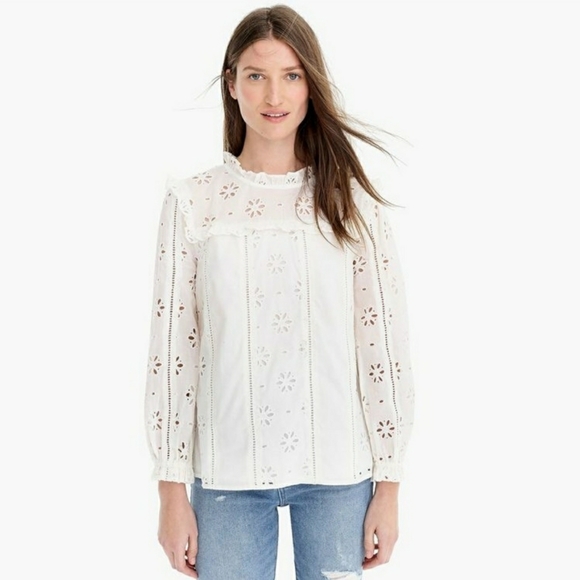 J. Crew Tops - J. Crew Ruffle Neck Long Sleeve Eyelet Blouse Size M